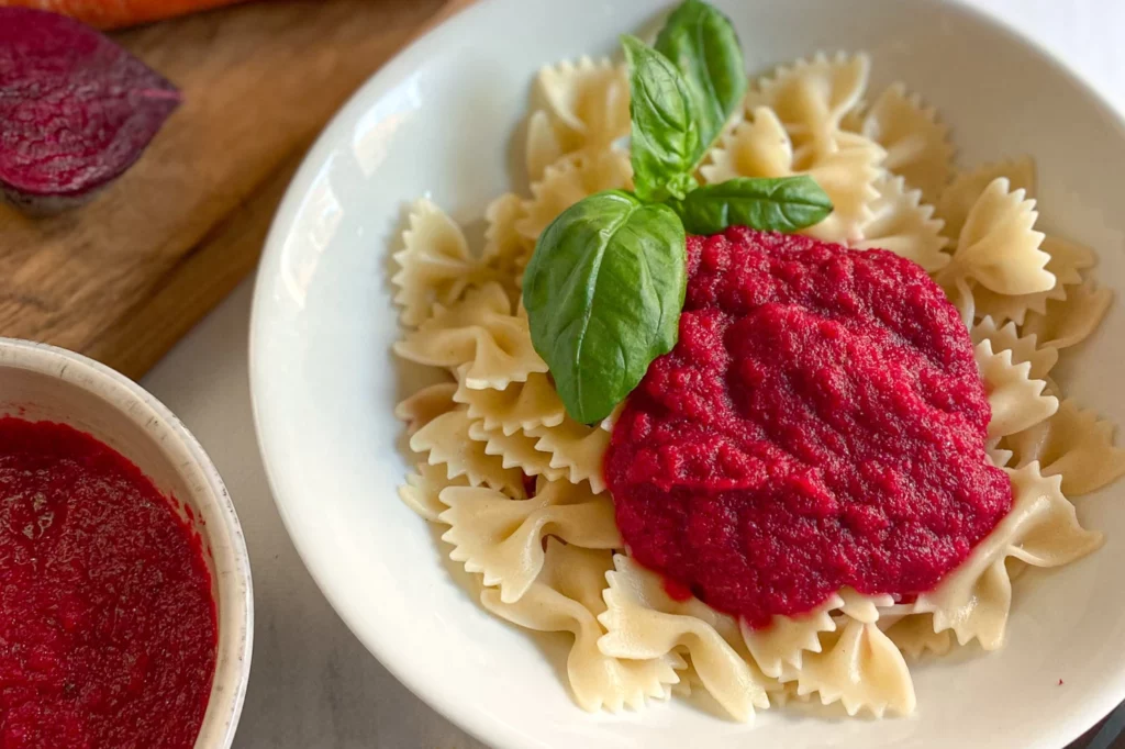 Sport pasta with red beet sauce